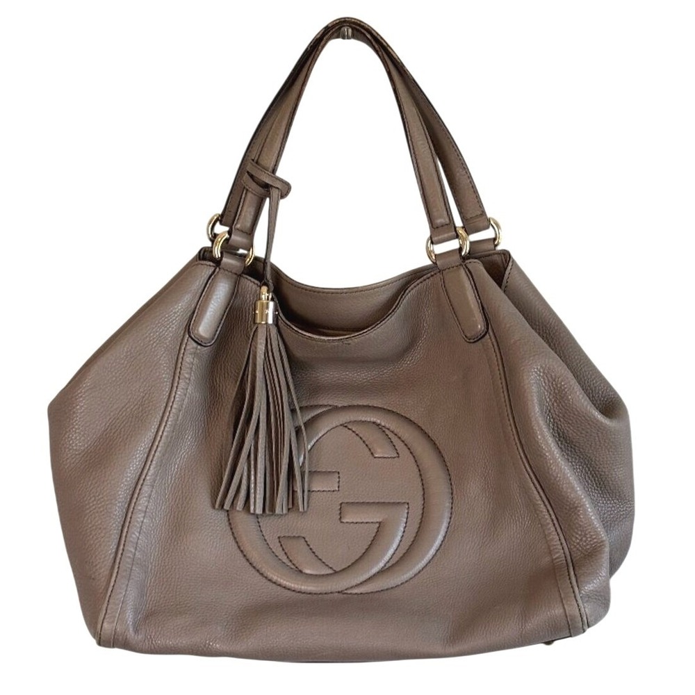 GUCCI Soho Medium Leather Tote Bag Taupe Pebbled GG Tassel Italy
